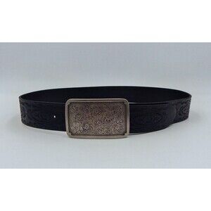Fossil 90s Brown Tooled Leather Belt Sz Small 3x2 Silver Engraved Buckle Floral